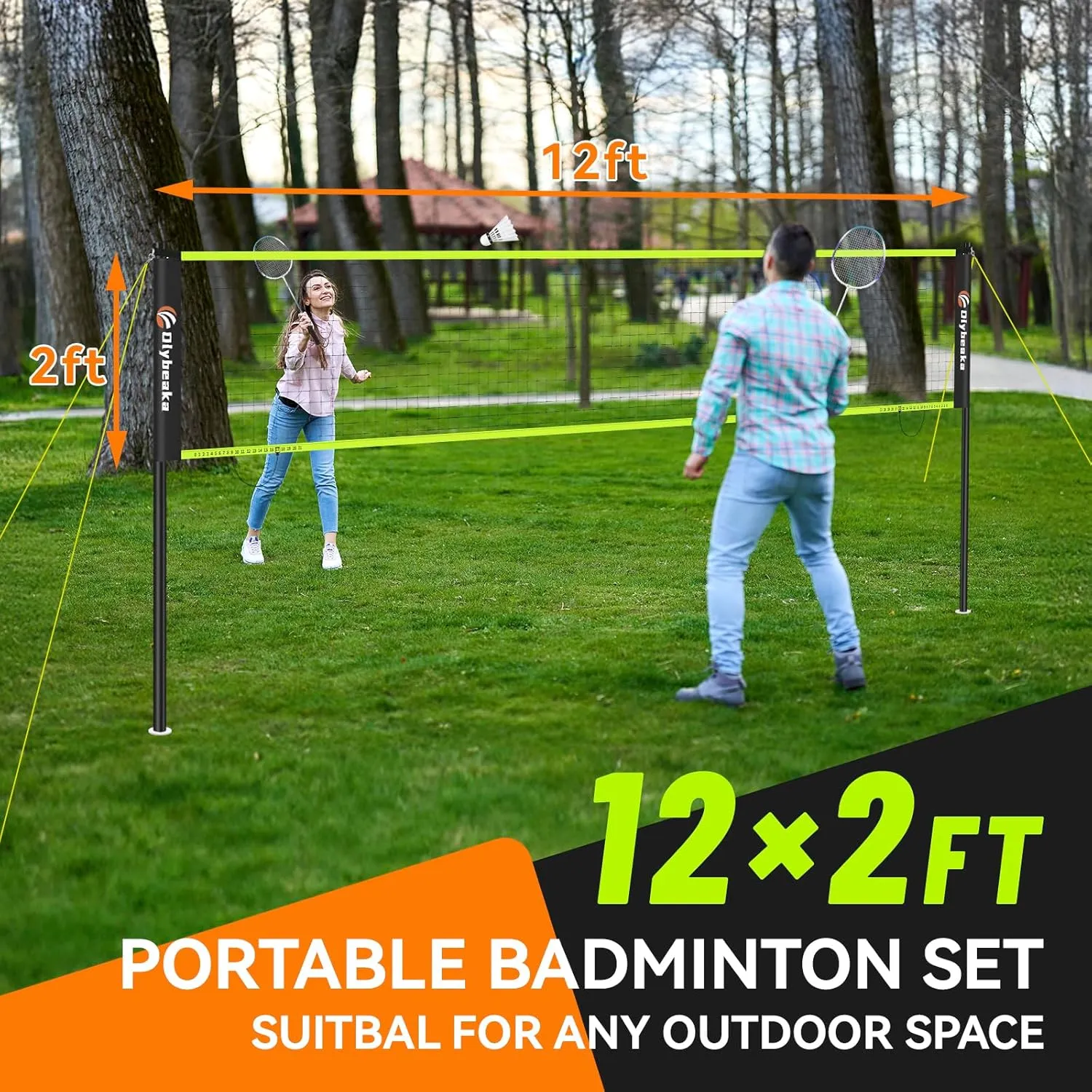 12ft Half Court Badminton Net Set for Backyard with Anti-Sagging Net, Heavy Duty Poles, 2 Aluminum Badminton Rackets, 3 Shuttlecocks, Carry Bag - Easy Setup & Durable