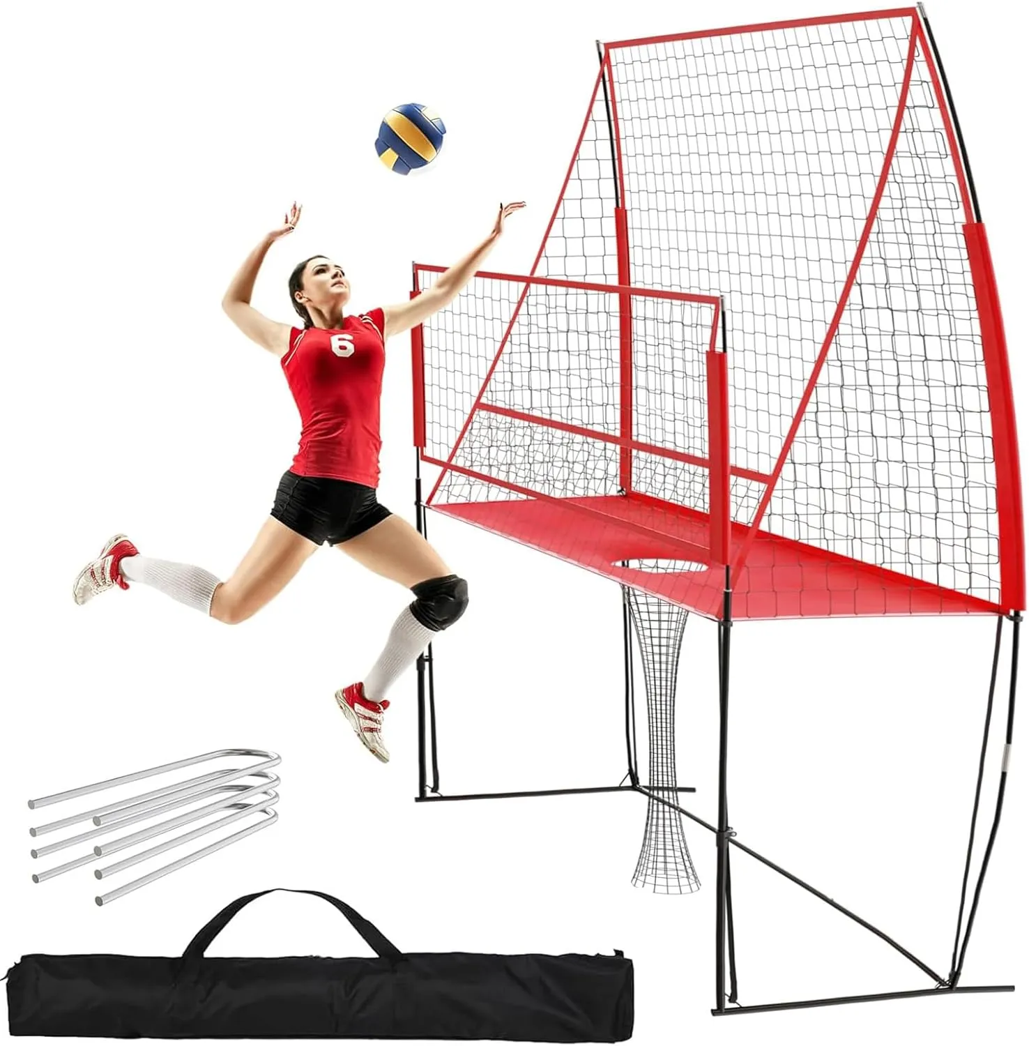 2-in-1 Volleyball Practice Net Station, Volleyball Training Practice Net Station, 6.5' to 8' Height Adjustment, Easy to Assemble and Disassemble, with Convenient Carry Case, for Team or Solo Training