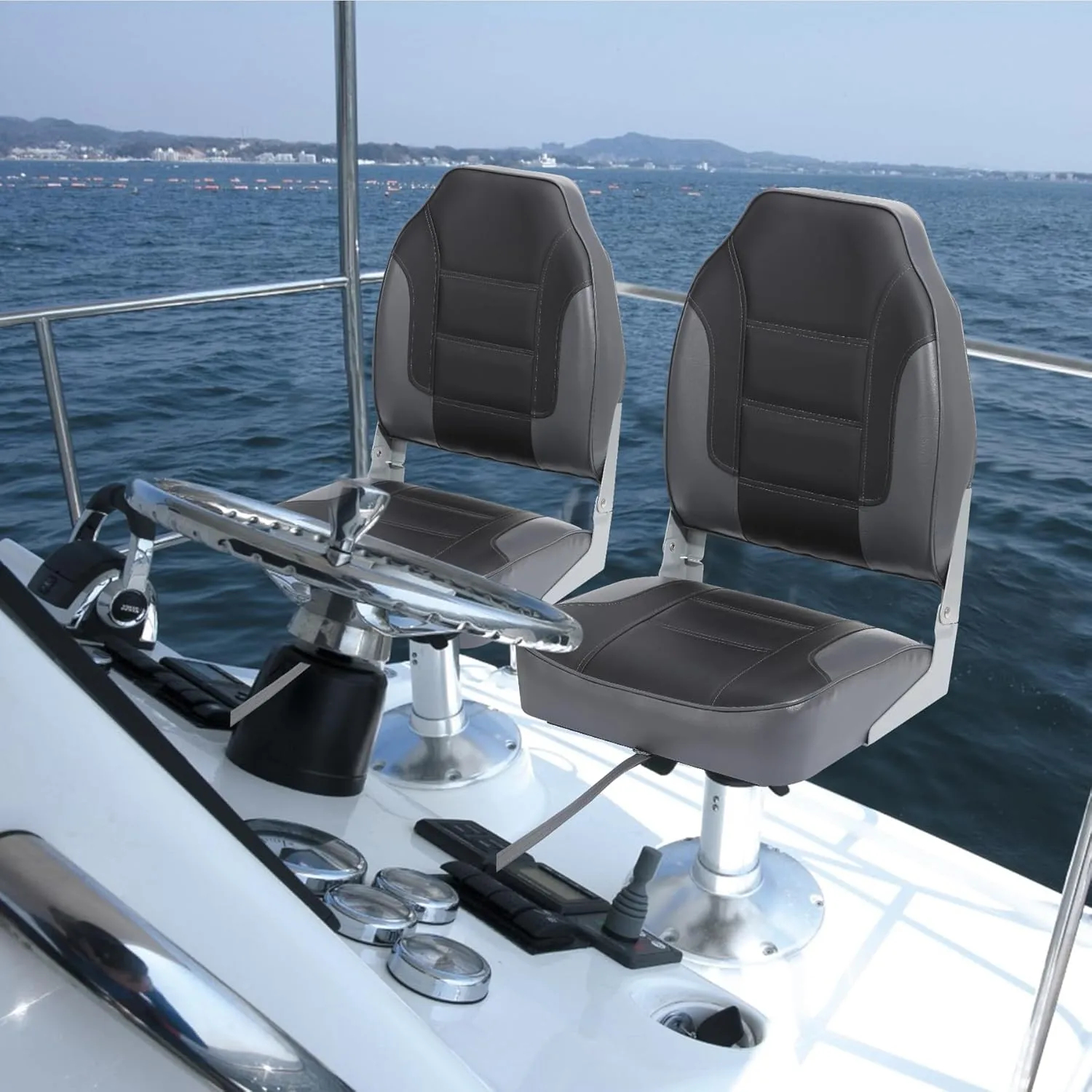 2 Pack Folding Boat Seats, High Back Fishing Boat Seat, Comfortable Boat Chairs with Thick Sponge Padding and Hinge for Sightseeing Boat, Speedboat