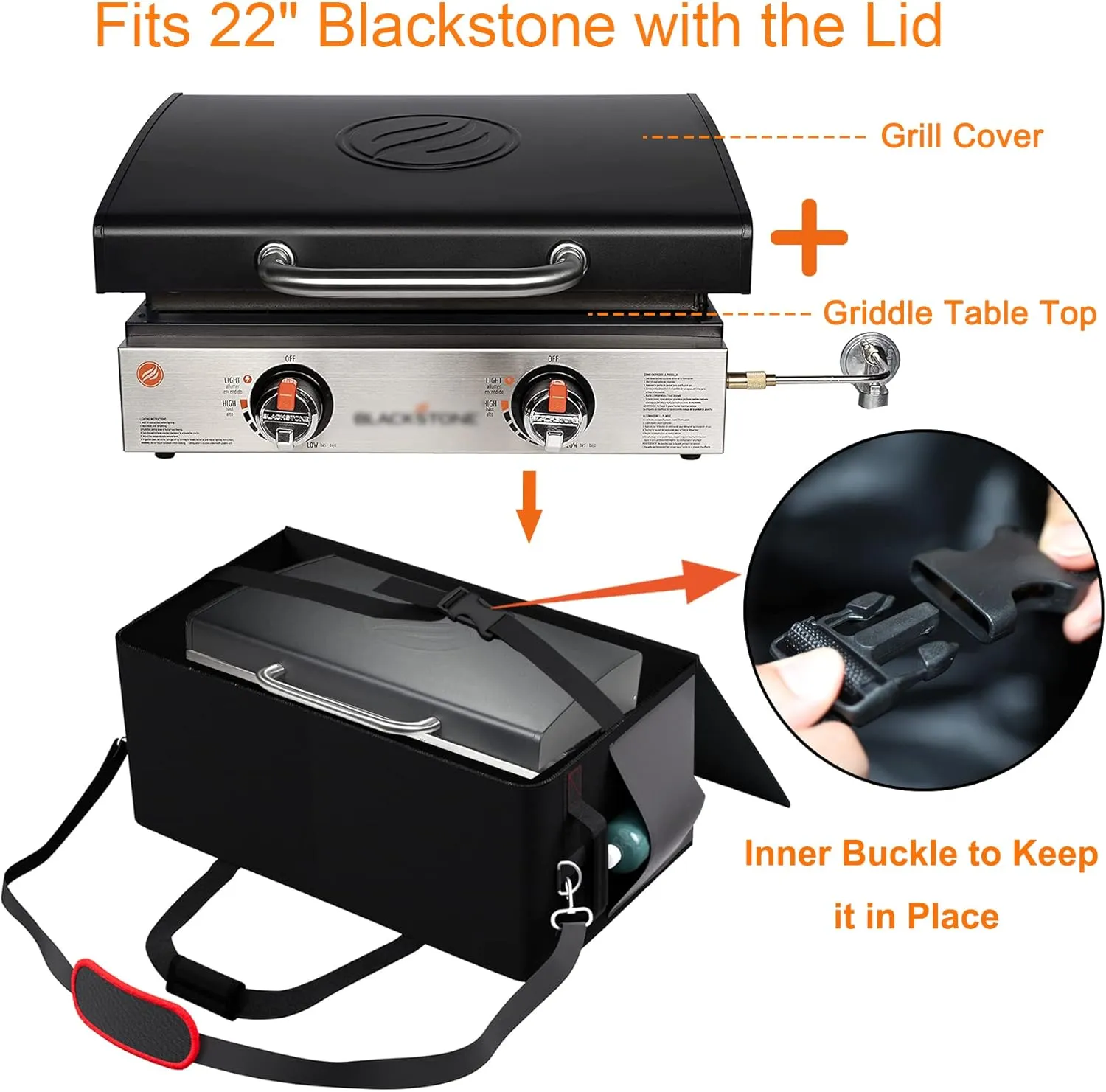 22 Inch Griddle Cover Carry Bag for Blackstone 1813 22 Inch Grill Table Top Griddle with Hood Lid, Fits Blackstone 22" Grill Griddle with Grill Cover Carrying Bag 600D Heavy Duty Water-Resistant