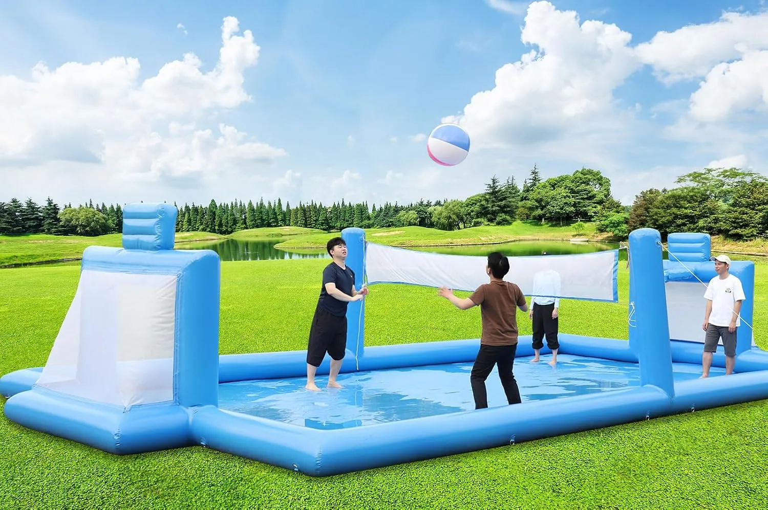 3 IN 1 Inflatable Volleyball Pool Inflatable Soccer Basketball Count for Adults and Family, 100% PVC Commercial Inflatable Volleyball Count with 800w Air Pump, Giant Beach Outdoor Games, 33x16.5x7ft