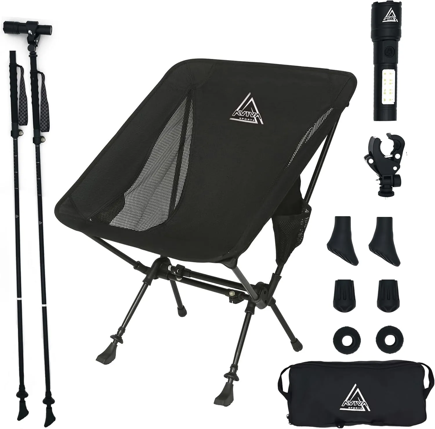 3-in-1 Trekking Pole, Camp Chair & Flashlight | Portable Lightweight Hiking Stick with Rechargeable Flashlight with Mount