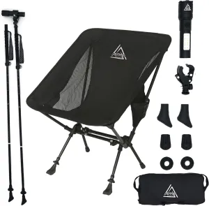 3-in-1 Trekking Pole, Camp Chair & Flashlight | Portable Lightweight Hiking Stick with Rechargeable Flashlight with Mount