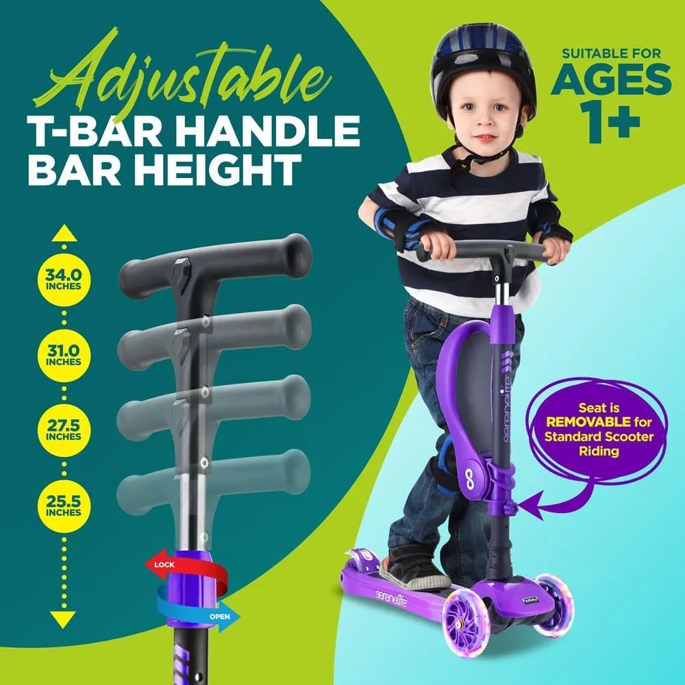 3 Wheeled Scooter for Kids - 2-in-1 Sit/Stand Child Toddlers Toy Kick Scooters w/Flip-Out Seat, Adjustable Height, Wide Deck, Flashing Wheel Lights, Great for Outdoor Fun