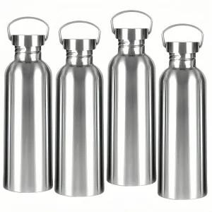 4 Pack Stainless Steel Sports Water Bottle, 34OZ Uninsulated Single Walled Metal Water Bottle, 304 18/8 Stainless Steel Camping Water Bottle Jug with Handle for Bike Cyclist Runner Hiker