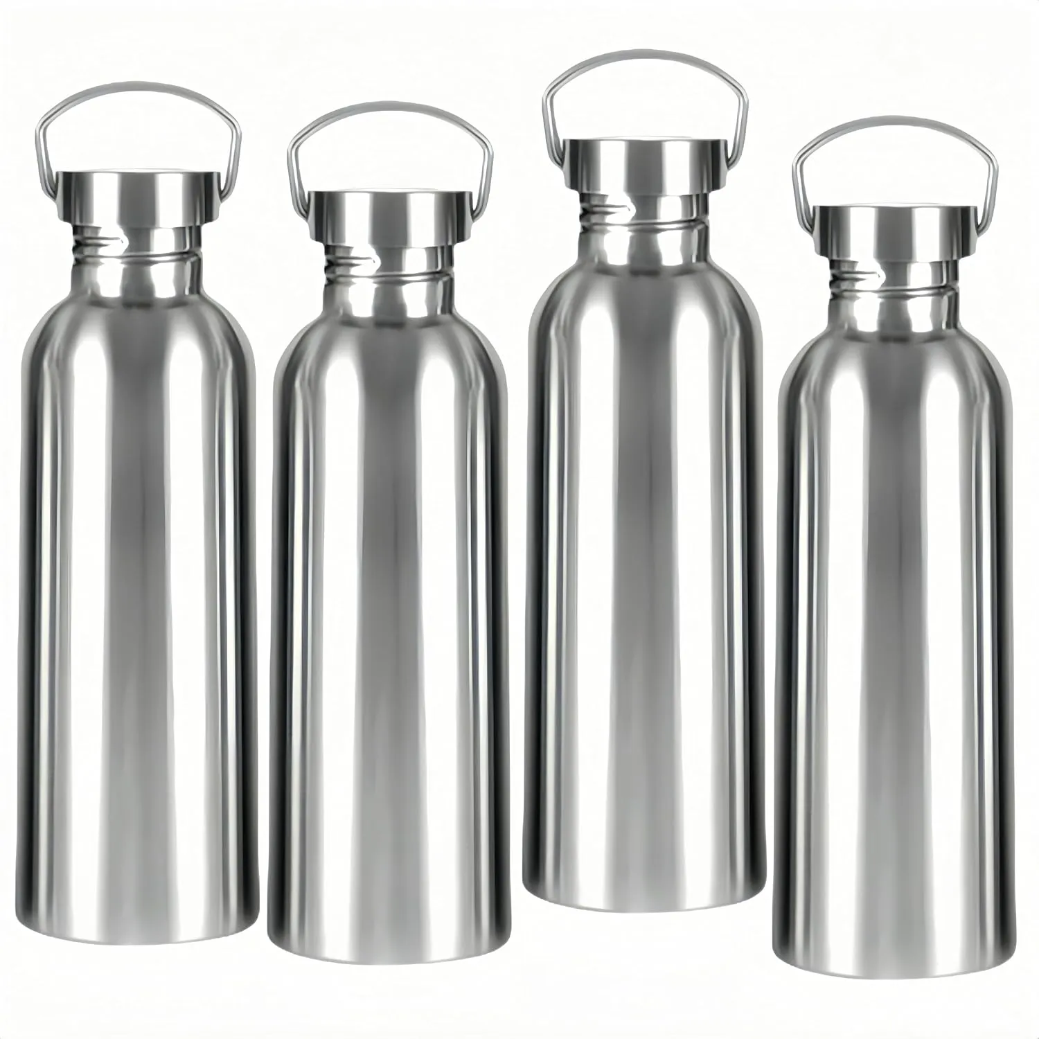 4 Pack Stainless Steel Sports Water Bottle, 34OZ Uninsulated Single Walled Metal Water Bottle, 304 18/8 Stainless Steel Camping Water Bottle Jug with Handle for Bike Cyclist Runner Hiker