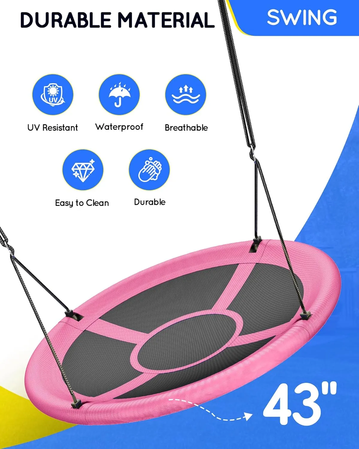 43" Saucer Tree Swing for Kids Adult, 700lbs Weight Capacity, Waterproof Flying Saucer Swing with Adjustable Hanging Straps, Swing Seats for Backyard Outdoor Indoor Playground, Pink