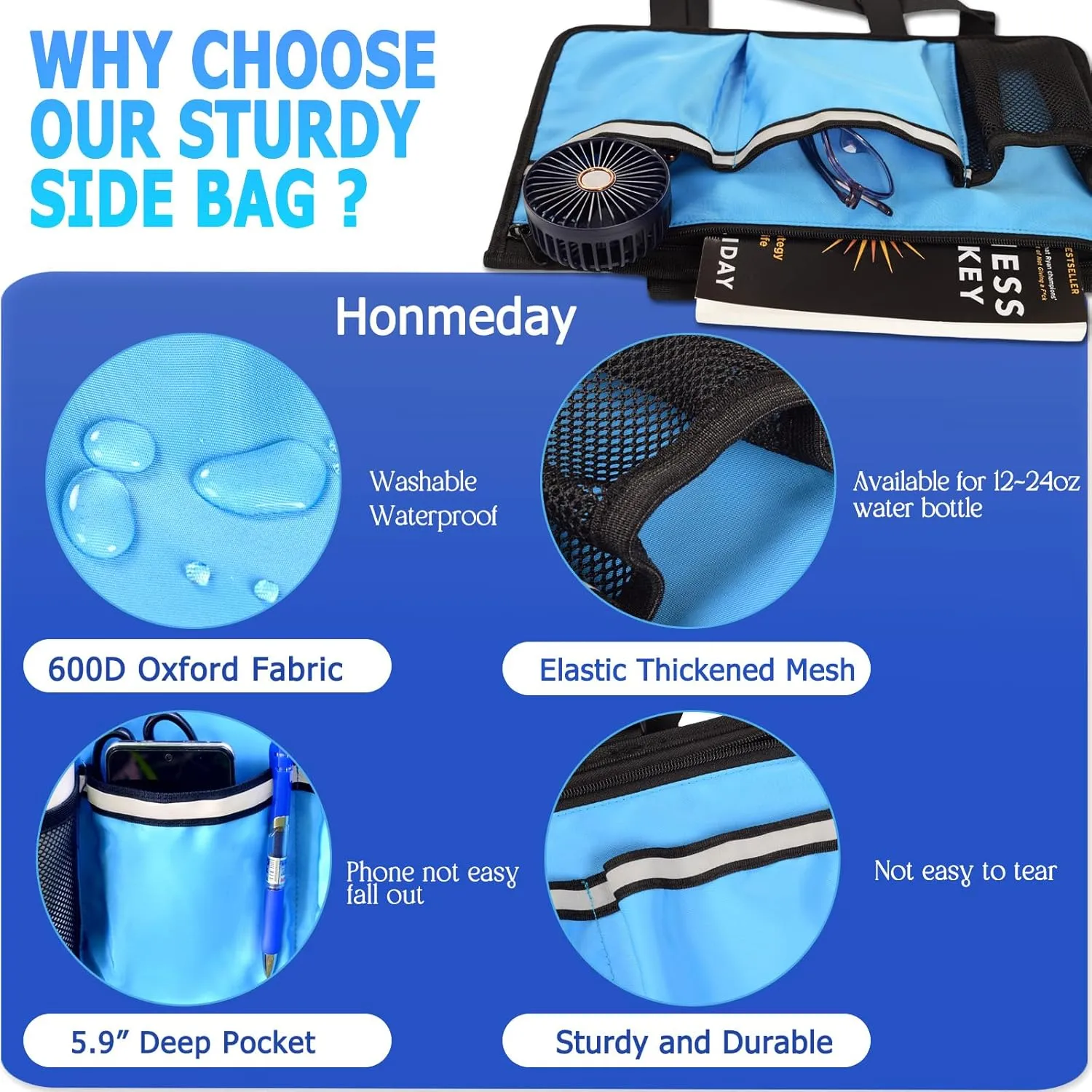 600D Heavy Duty Wheelchair Side Bag with Adjustable Straps Fit Most Standard Wheelchairs,Walker,Power Chairs, and Mobility Scooters- Armrest Pouch Side Pocket for Organizing Storage (Blue, Small)