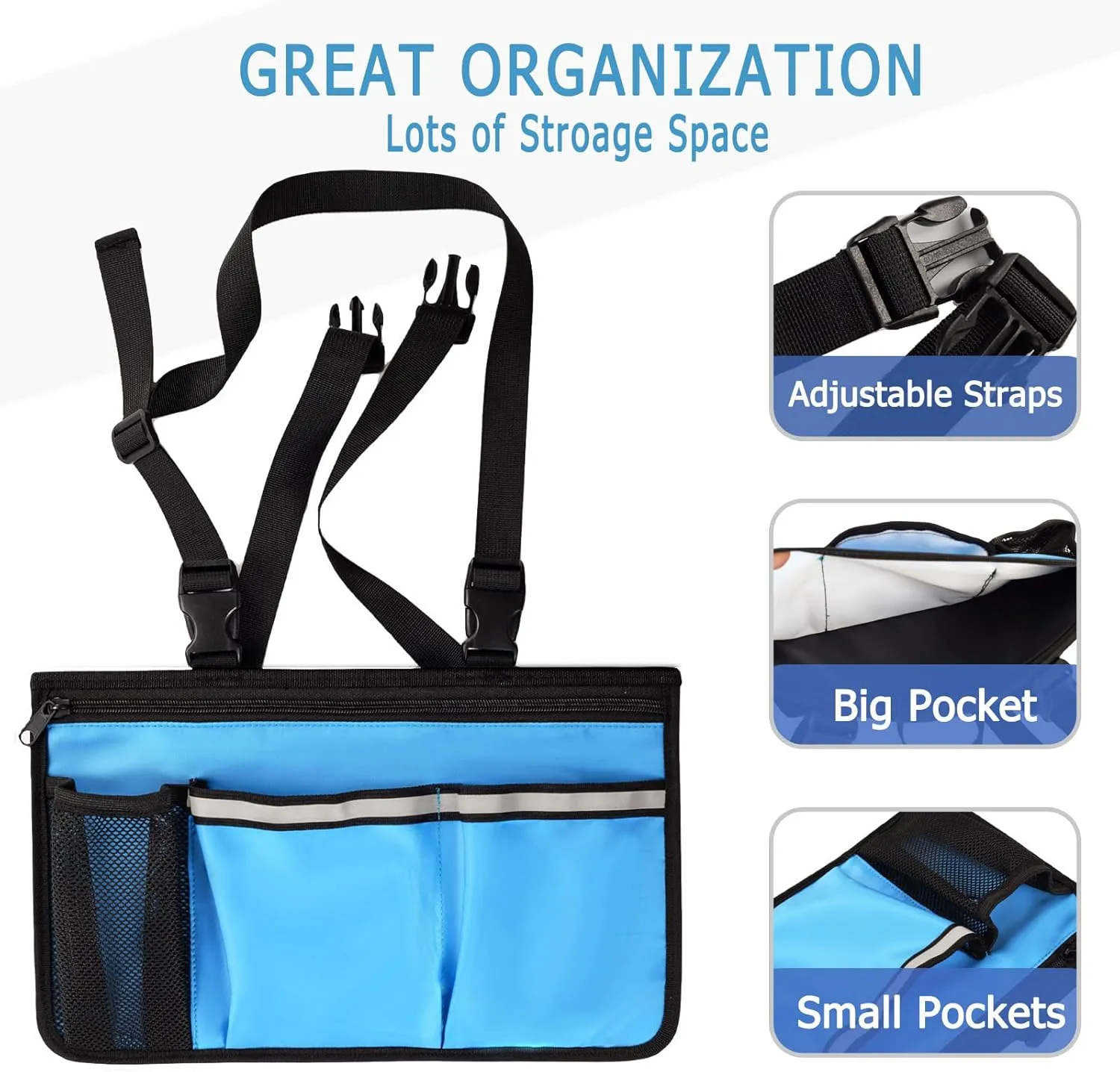 600D Heavy Duty Wheelchair Side Bag with Adjustable Straps Fit Most Standard Wheelchairs,Walker,Power Chairs, and Mobility Scooters- Armrest Pouch Side Pocket for Organizing Storage (Blue, Small)