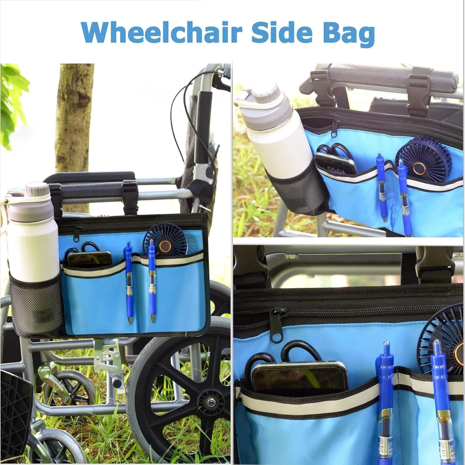 600D Heavy Duty Wheelchair Side Bag with Adjustable Straps Fit Most Standard Wheelchairs,Walker,Power Chairs, and Mobility Scooters- Armrest Pouch Side Pocket for Organizing Storage (Blue, Small)