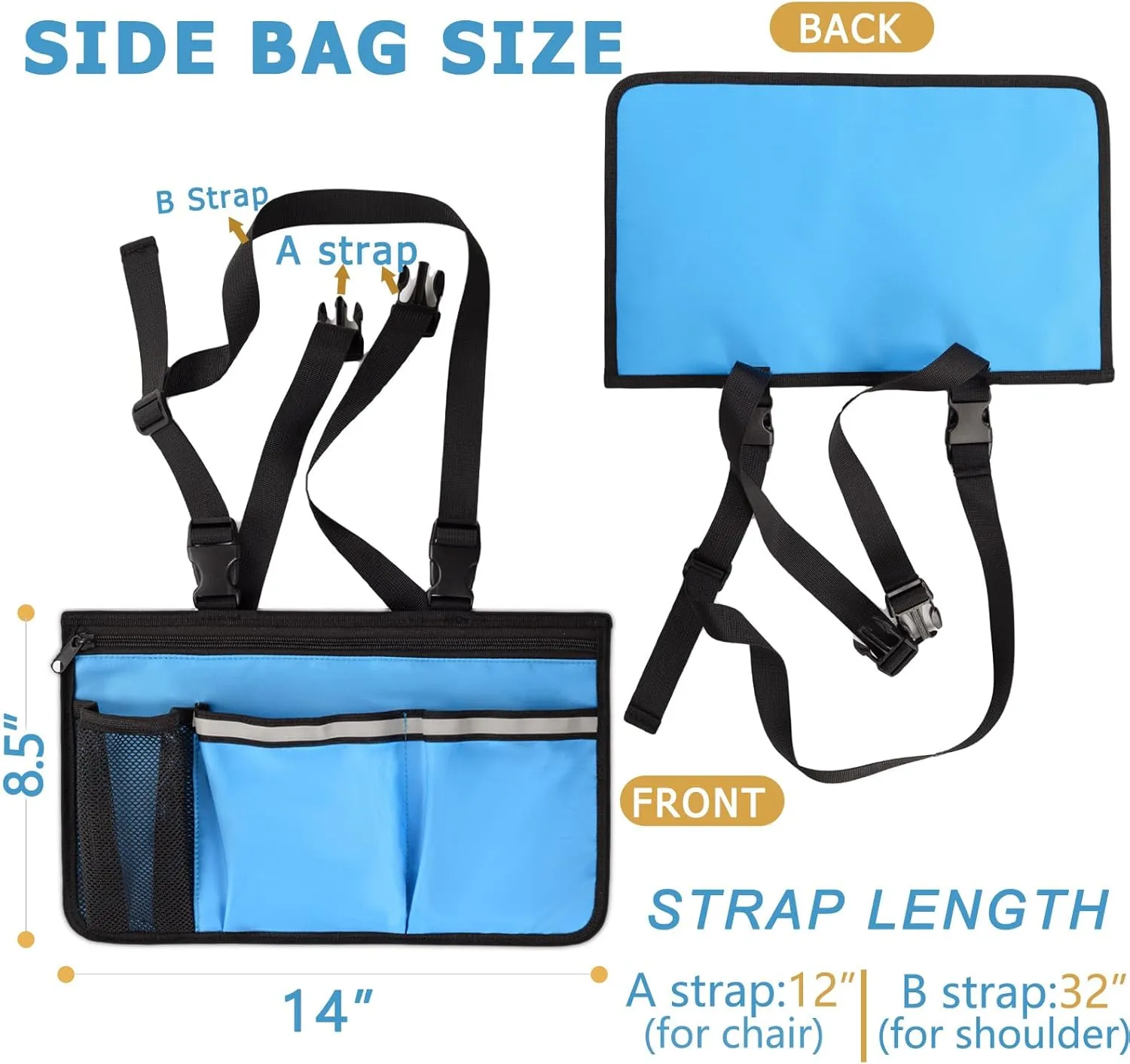 600D Heavy Duty Wheelchair Side Bag with Adjustable Straps Fit Most Standard Wheelchairs,Walker,Power Chairs, and Mobility Scooters- Armrest Pouch Side Pocket for Organizing Storage (Blue, Small)