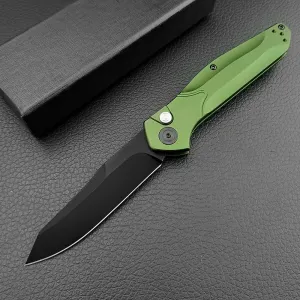 7.7'' Button Fast Opening Black Coated D2 Steel Blade Green Aluminum Alloy Handles Pocket Folding Knife EDC Camping Tools Combat Survival Knife with Pocket Clip
