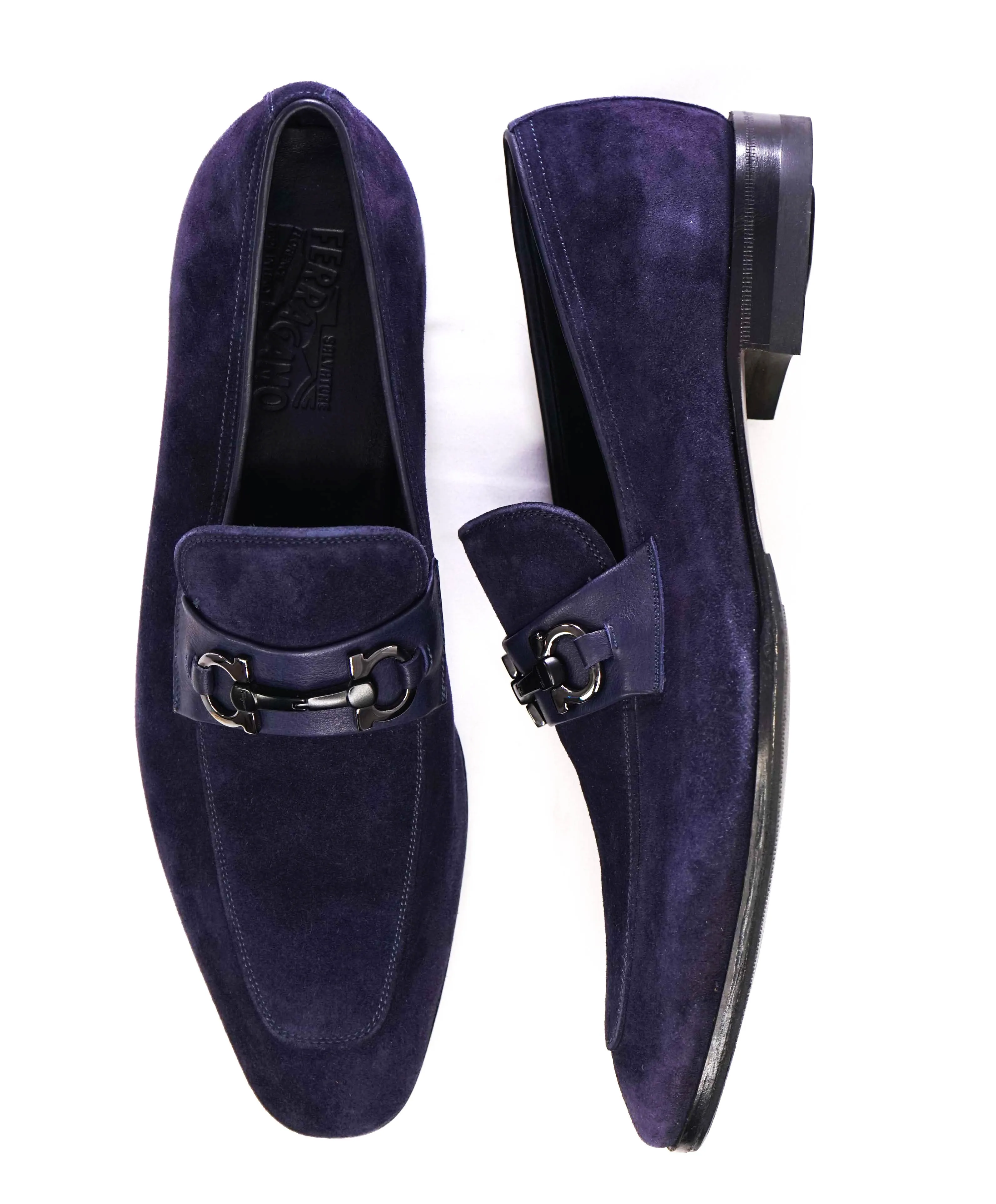 $850 SALVATORE FERRAGAMO - “CREMONA” Blue Suede Gancini Slip-On Loafer - 12 E