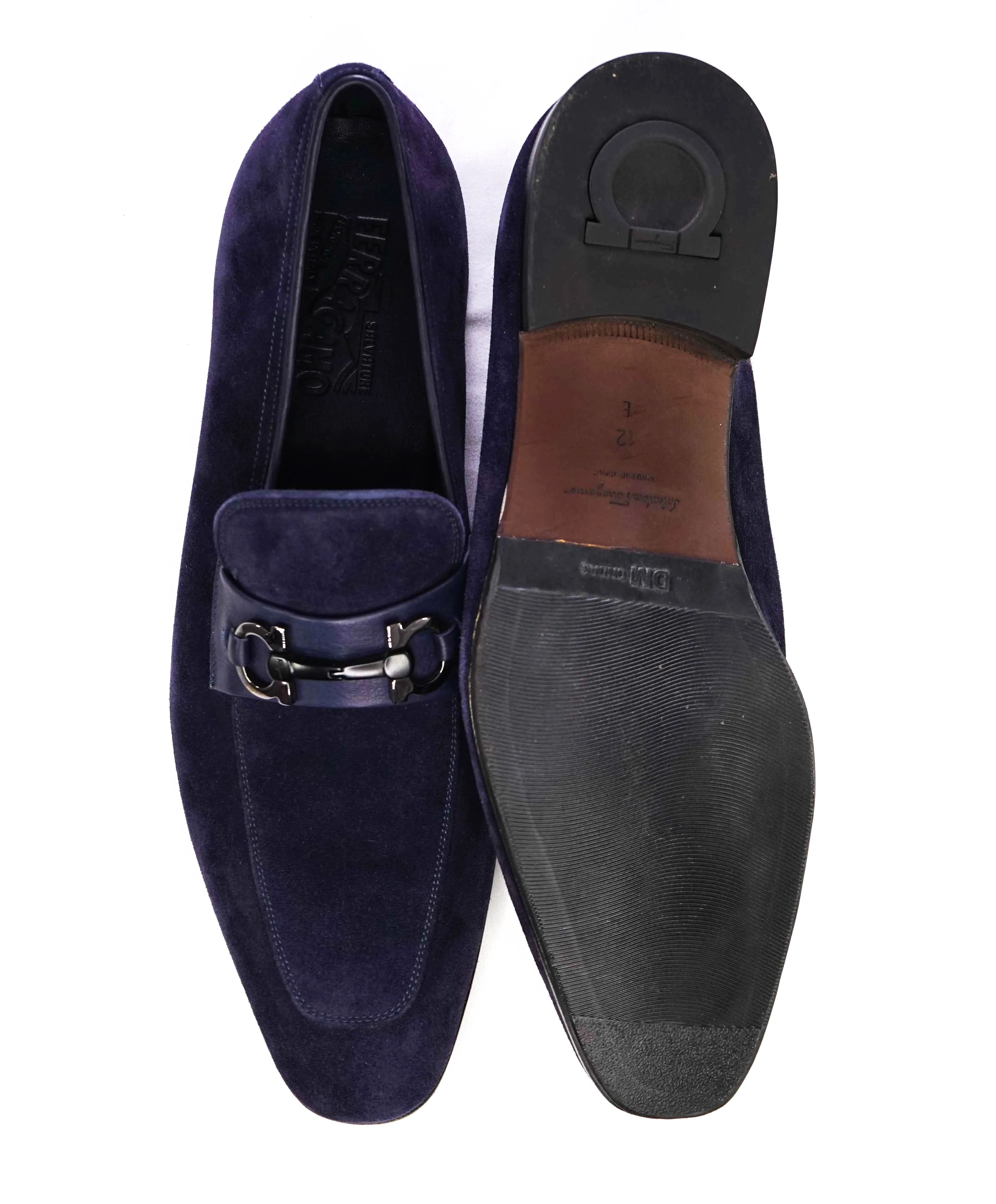 $850 SALVATORE FERRAGAMO - “CREMONA” Blue Suede Gancini Slip-On Loafer - 12 E