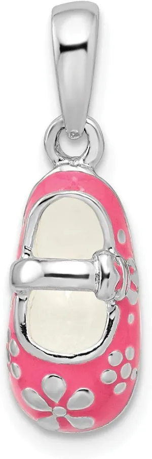 925 Sterling Silver Milestone Charm, Polished 3D Pink Enameled Baby Shoe Pendant