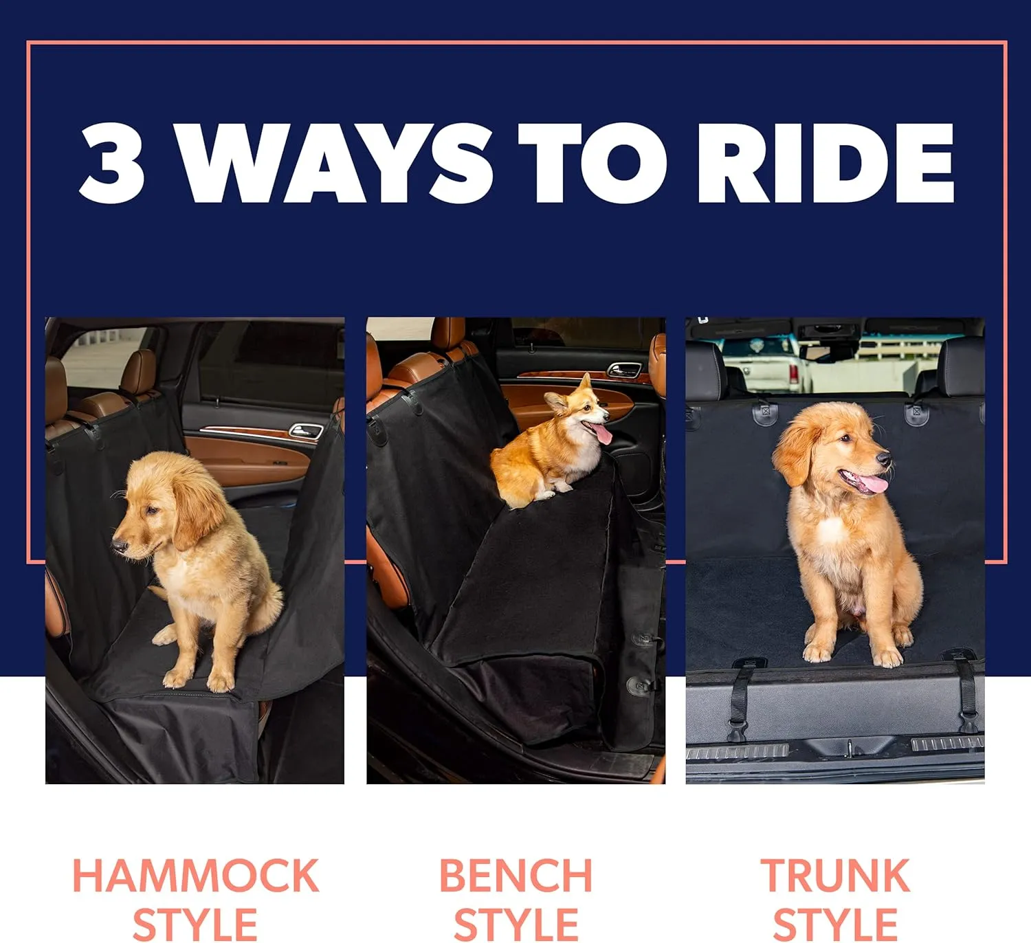 Active Pets Dog Car Seat Cover for Back Seat, Waterproof Pet Hammock Protector, Durable Nonslip Seat Protection SUV Truck, Standard 53"x56", Black