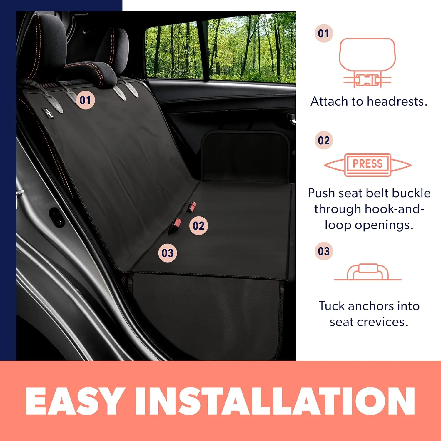 Active Pets Dog Car Seat Cover for Back Seat, Waterproof Pet Hammock Protector, Durable Nonslip Seat Protection SUV Truck, Standard 53"x56", Black