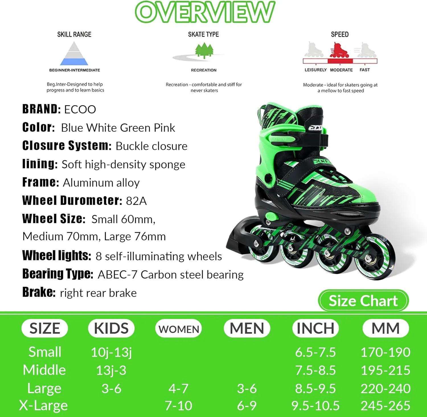Adjustable Inline Skates Boys and Girls with Light up Wheels，Roller Skates for Kids Ages 4-12, Teen Skates for Beginner Outdoor and Indoor