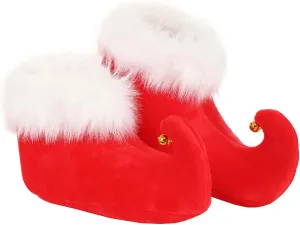 Adult Red Elf Shoes with Jingle Bells&Faux Fur Trim|Foam Backed Plush Costume Shoes for Holiday Parties & Christmas Costumes