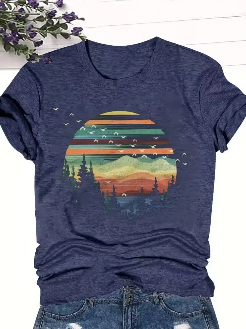 Adventure Awaits Outdoor Graphic T Shirt Women Retro Colorful Print Tees Hike Mountain Nature Travel Shirt Workout Tops