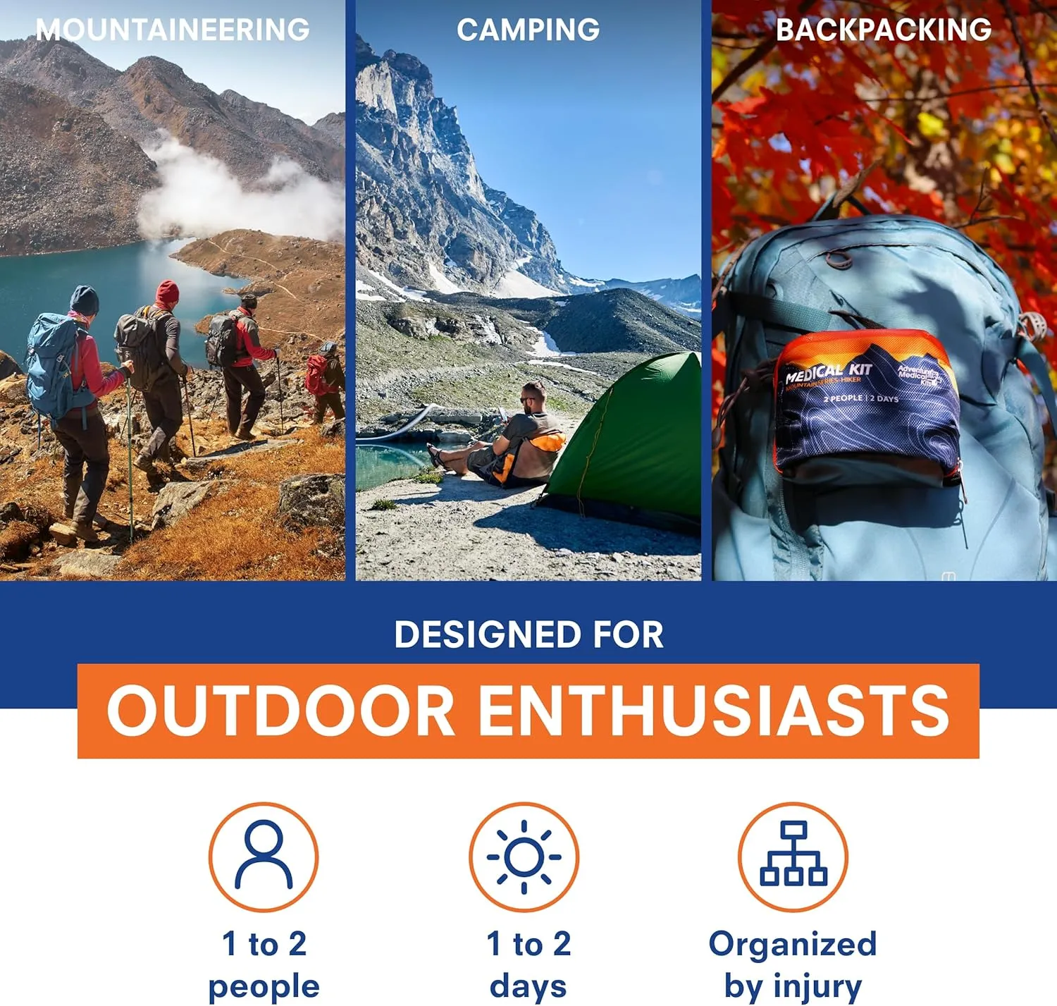 Adventure Medical Kits Mountain Series Medical Kit - Hiker - Emergency Medical First Aid Kit - for 2 People for 2 Days - Comes with a Trauma Pad, Medicine, Guide Book & More - Sunset