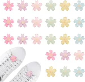 AHANDMAKER 24 Pcs Resin Flower Shoelace Charms, 6 Colors Detachable Cherry Blossom Shoelace Buckles, Shoe Decorations Charms Sneakers Shoe Lace Tag Charms for Sneaker Casual Sports Shoe Accessory