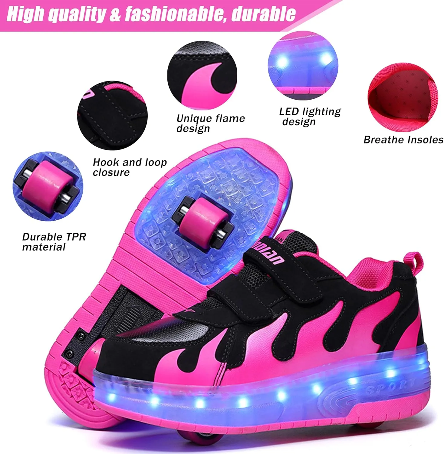 Aikuass USB Chargable LED Light Up Roller Shoes Wheeled Skate Sneaker Shoes for Boys Girls Kids