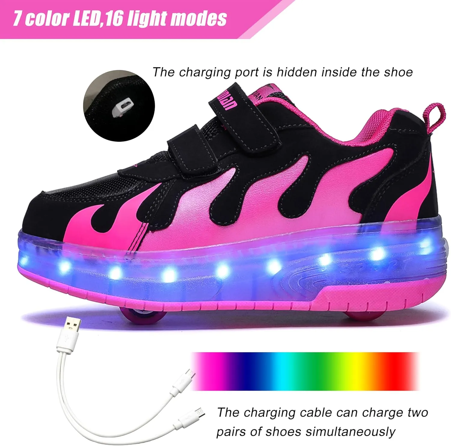 Aikuass USB Chargable LED Light Up Roller Shoes Wheeled Skate Sneaker Shoes for Boys Girls Kids