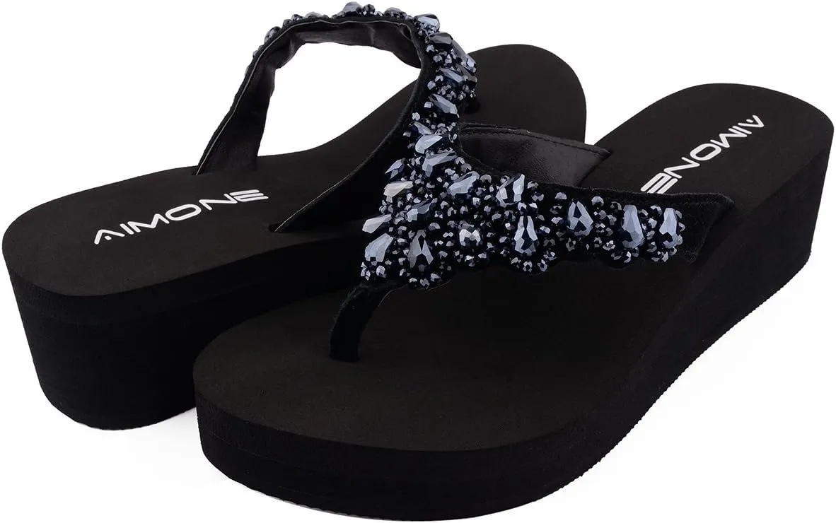 AIMONE Womens Printemps Rhinestone Mid Heel Flip Flop Thongs
