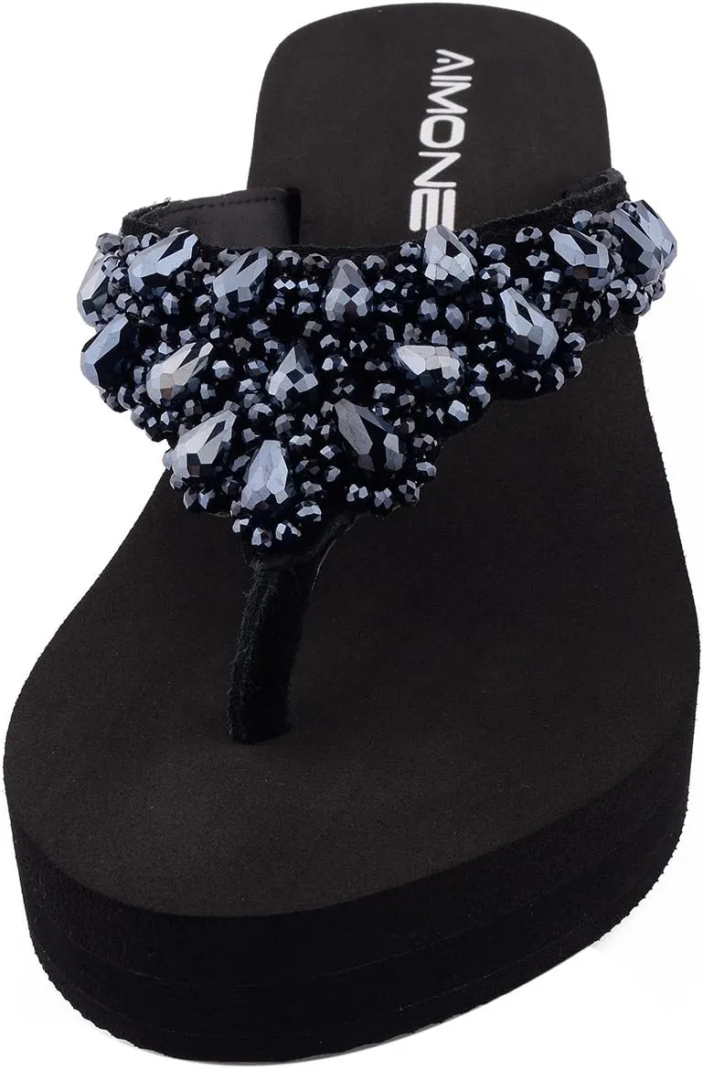 AIMONE Womens Printemps Rhinestone Mid Heel Flip Flop Thongs