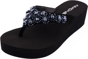 AIMONE Womens Printemps Rhinestone Mid Heel Flip Flop Thongs
