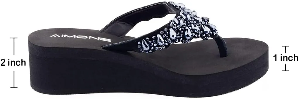 AIMONE Womens Printemps Rhinestone Mid Heel Flip Flop Thongs
