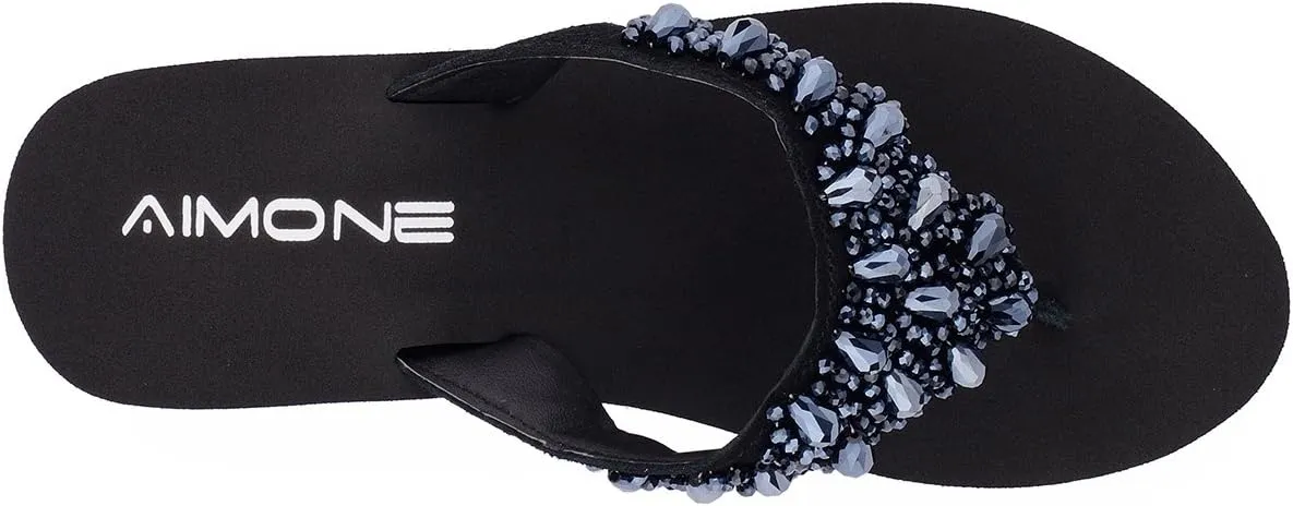 AIMONE Womens Printemps Rhinestone Mid Heel Flip Flop Thongs