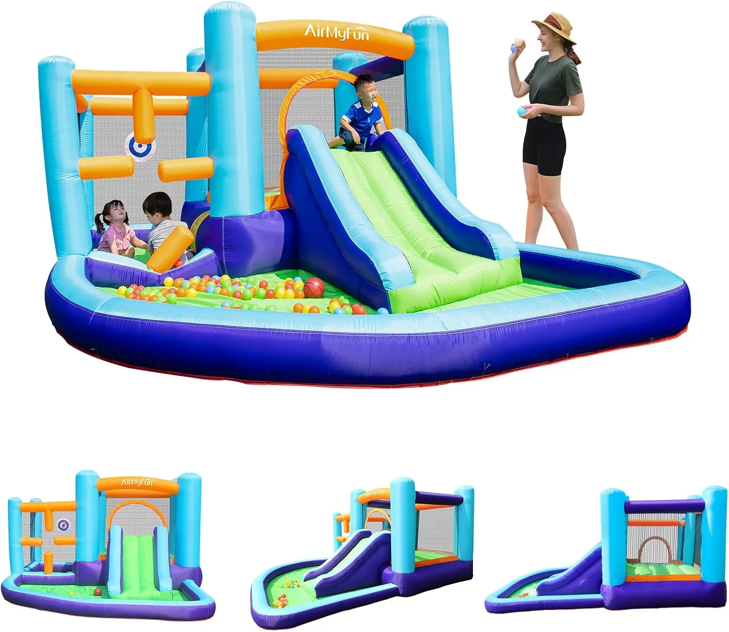 AirMyFun Inflatable Bounce House, Bouncer & Slide with Air Blower, Play House with Ball Pool, Inflatable Kids Slide,Jumping Castle with Carry Bag