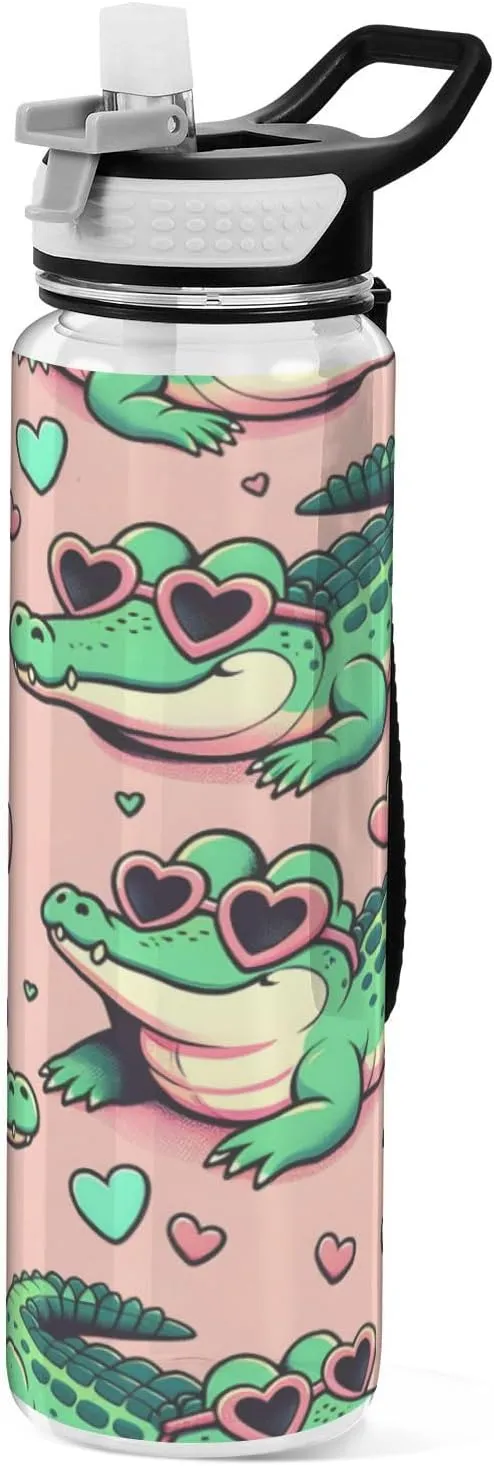ALAZA Alligator Crocodiles Pink Sport Water Bottle with Straw Lid 32 oz Clear Bottle BPA Free Tritan Plastic Leakproof Jugs Large Flip Top for Kids Boys Girls