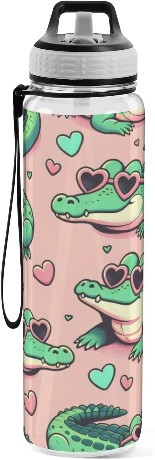 ALAZA Alligator Crocodiles Pink Sport Water Bottle with Straw Lid 32 oz Clear Bottle BPA Free Tritan Plastic Leakproof Jugs Large Flip Top for Kids Boys Girls