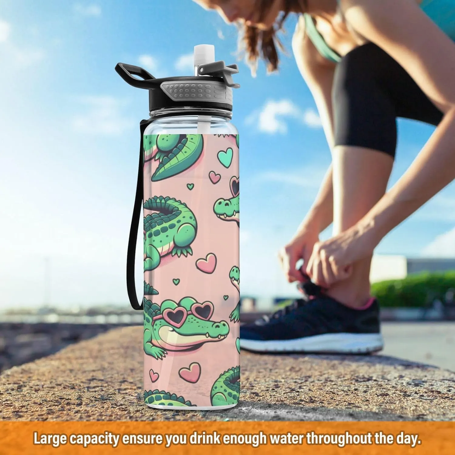 ALAZA Alligator Crocodiles Pink Sport Water Bottle with Straw Lid 32 oz Clear Bottle BPA Free Tritan Plastic Leakproof Jugs Large Flip Top for Kids Boys Girls