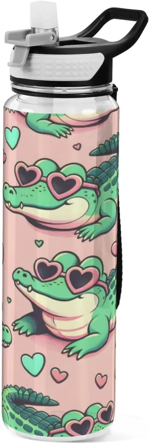 ALAZA Alligator Crocodiles Pink Sport Water Bottle with Straw Lid 32 oz Clear Bottle BPA Free Tritan Plastic Leakproof Jugs Large Flip Top for Kids Boys Girls