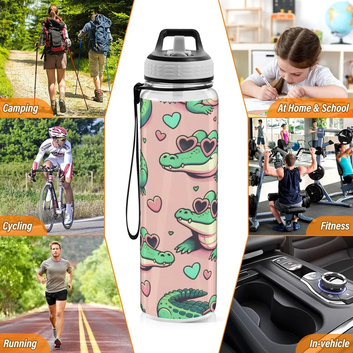 ALAZA Alligator Crocodiles Pink Sport Water Bottle with Straw Lid 32 oz Clear Bottle BPA Free Tritan Plastic Leakproof Jugs Large Flip Top for Kids Boys Girls