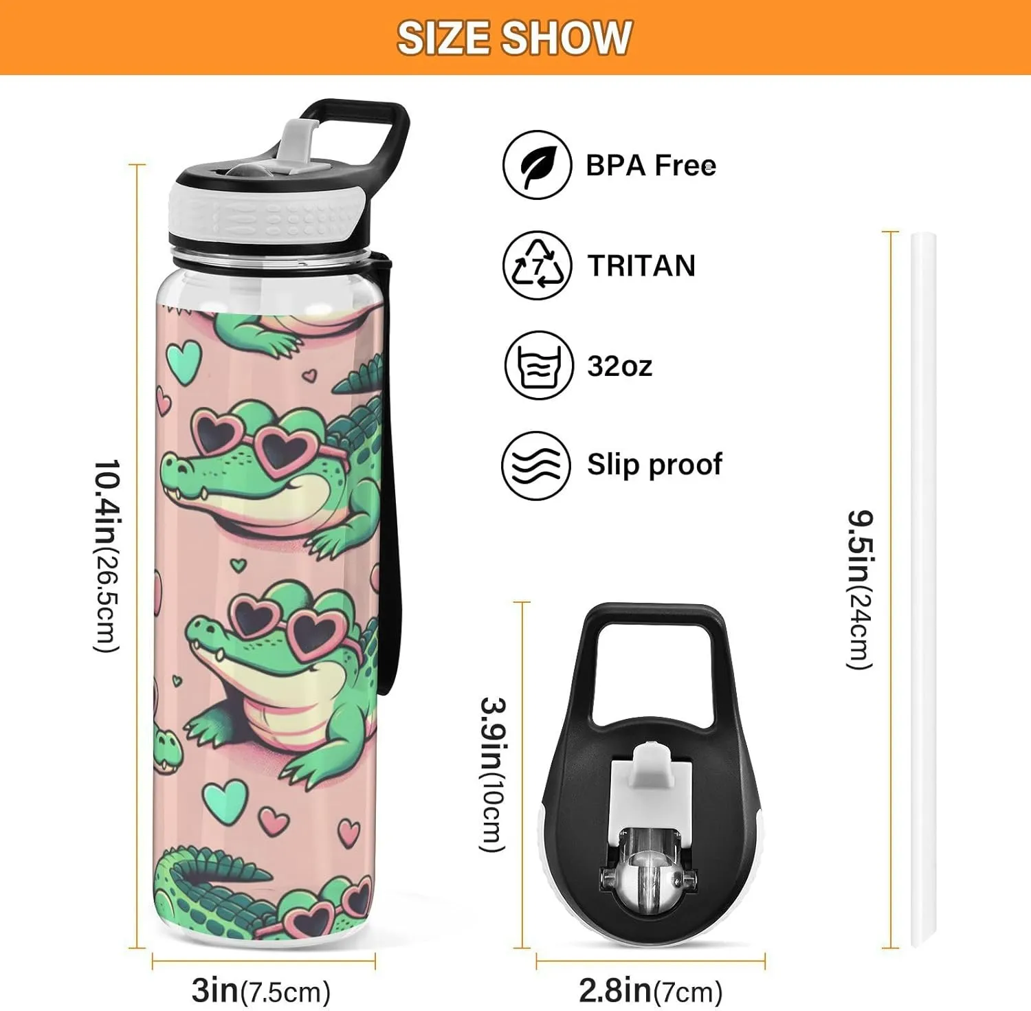 ALAZA Alligator Crocodiles Pink Sport Water Bottle with Straw Lid 32 oz Clear Bottle BPA Free Tritan Plastic Leakproof Jugs Large Flip Top for Kids Boys Girls