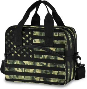 ALAZA American Flag with Camouflage Grunge Insulated Lunch Box Reusable Cooler Bags with Shoulder Strap for Women Men Adults, 19-Can (12.5L)