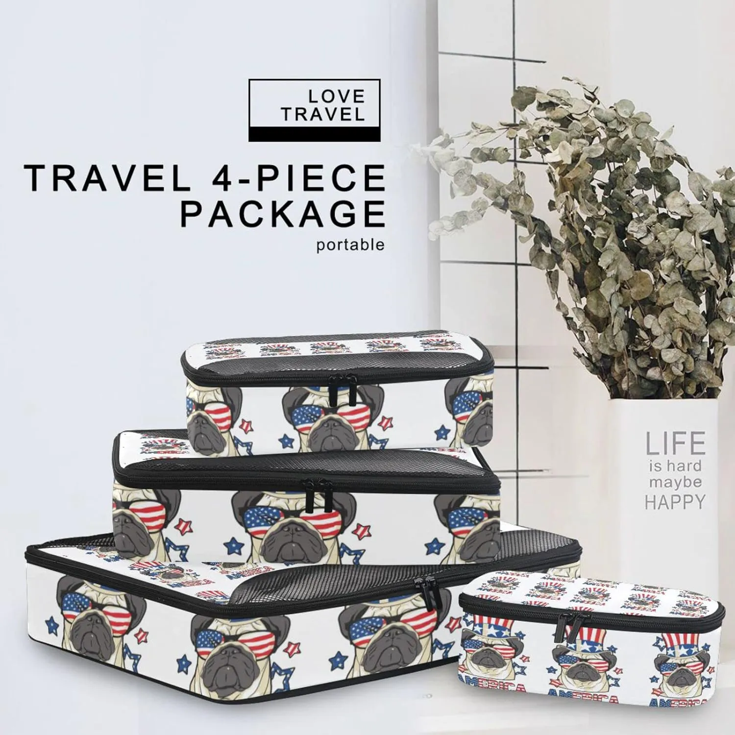America Pug Dog USA Flag with Sunglasses Hat on White 4 PCs Set Packing Bags, Luggage Organizer Bag, Portable Cube Toiletry bag, Durable Travel Cosmetic Storage Bag for Men Women