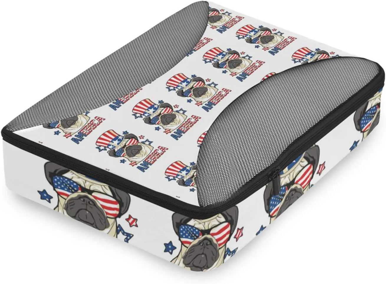 America Pug Dog USA Flag with Sunglasses Hat on White 4 PCs Set Packing Bags, Luggage Organizer Bag, Portable Cube Toiletry bag, Durable Travel Cosmetic Storage Bag for Men Women