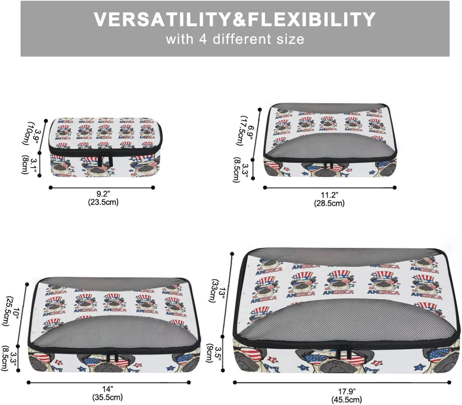 America Pug Dog USA Flag with Sunglasses Hat on White 4 PCs Set Packing Bags, Luggage Organizer Bag, Portable Cube Toiletry bag, Durable Travel Cosmetic Storage Bag for Men Women