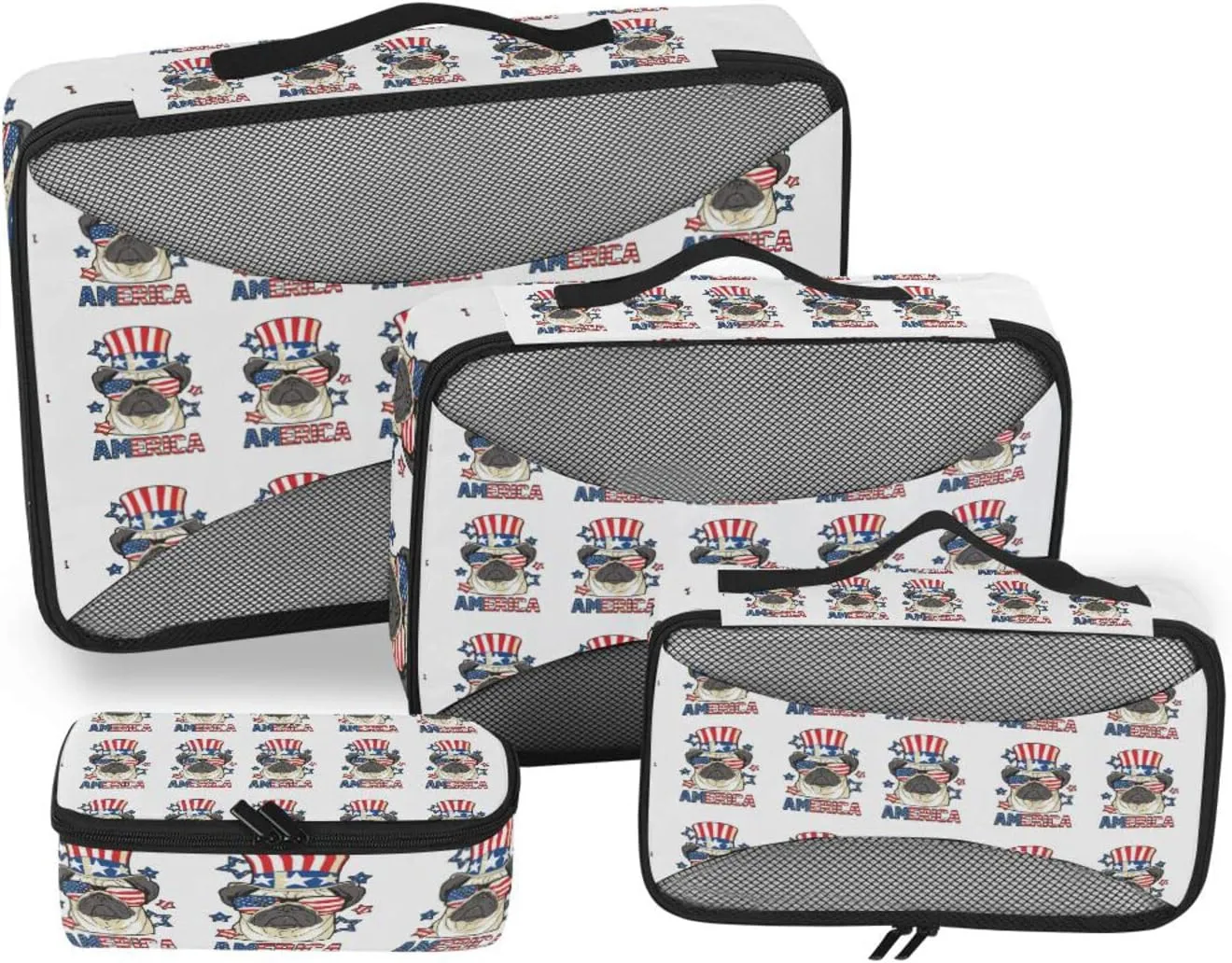 America Pug Dog USA Flag with Sunglasses Hat on White 4 PCs Set Packing Bags, Luggage Organizer Bag, Portable Cube Toiletry bag, Durable Travel Cosmetic Storage Bag for Men Women