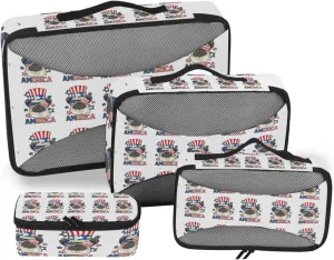 America Pug Dog USA Flag with Sunglasses Hat on White 4 PCs Set Packing Bags, Luggage Organizer Bag, Portable Cube Toiletry bag, Durable Travel Cosmetic Storage Bag for Men Women