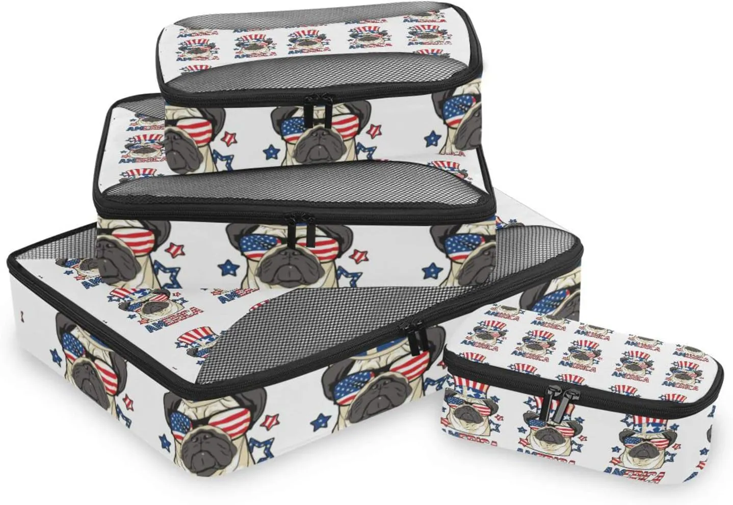 America Pug Dog USA Flag with Sunglasses Hat on White 4 PCs Set Packing Bags, Luggage Organizer Bag, Portable Cube Toiletry bag, Durable Travel Cosmetic Storage Bag for Men Women