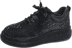 ANUFER Women's Sparkly Starry Rhinestones Trainers Fashion Platform Lace-Up Bling Sneakers