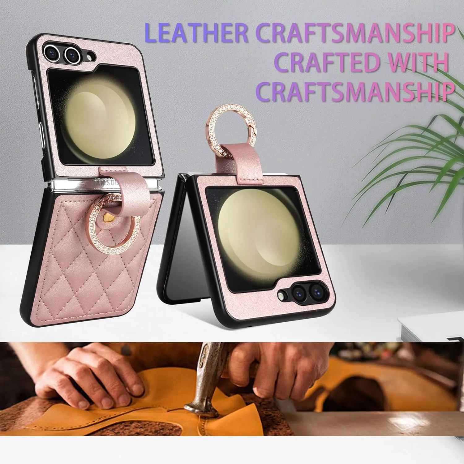 Asuwish Phone Case for Samsung Galaxy Z Flip 6 5G 2024 Cell Cover with Ring Thin Slim Shockproof Shell Rugged PU Faux Leather Protective ZFlip6 Z6 G Flip6 6Z Women Girls Rose Gold