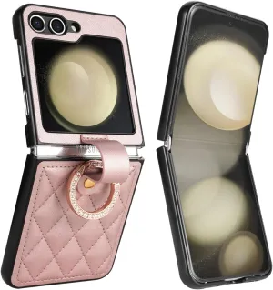 Asuwish Phone Case for Samsung Galaxy Z Flip 6 5G 2024 Cell Cover with Ring Thin Slim Shockproof Shell Rugged PU Faux Leather Protective ZFlip6 Z6 G Flip6 6Z Women Girls Rose Gold
